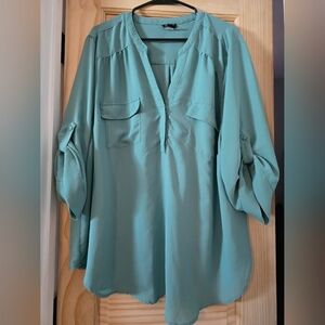 Torrid Teal Blouse with Roll-Tab Sleeves